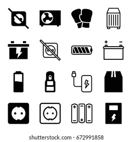 Supply icons set. set of 16 supply filled and outline icons such as battery, cargo container, office supply, plug socket, air conditioner, no plug