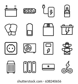 Supply icons set. set of 16 supply outline icons such as battery, pylon, cargo container, office supply, plug socket, air conditioner, endless battery