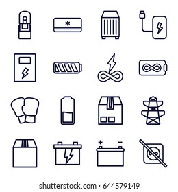 Supply icons set. set of 16 supply outline icons such as battery, pylon, cargo container, office supply, air conditioner, no plug, endless battery