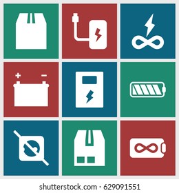 Supply icons set. set of 9 supply filled icons such as cargo container, battery, no plug
