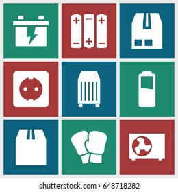 Supply icons set. set of 9 supply filled icons such as battery, cargo container, plug socket, air conditioner