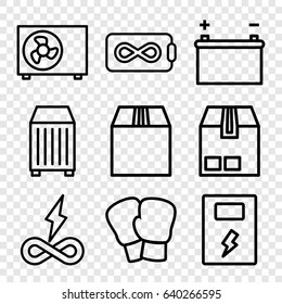 Supply icons set. set of 9 supply outline icons such as cargo container, air conditioner, battery, endless battery