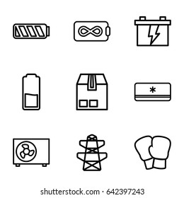 Supply icons set. set of 9 supply outline icons such as battery, pylon, cargo container, air conditioner, endless battery