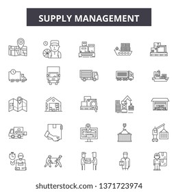 Supply management line icons, signs set, vector. Supply management outline concept, illustration: business,management,supply,industry,warehouse,delivery,chain