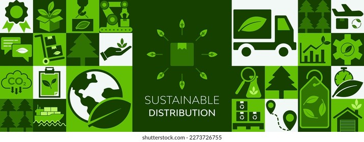 supply network and green logistics vector illustration. Concept with associated icons for eco-friendly transportation, sustainable distribution, and smart methods for import and export of cargo.banner