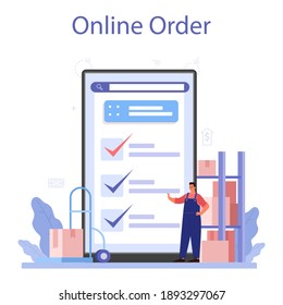 Supply online service or platform. B2B idea, global logistic and transportation service. Company as a customer. Online order. Flat vector illustration