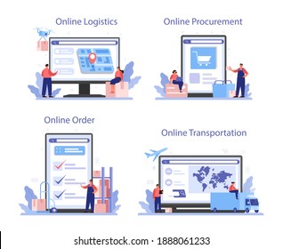 Supply Online Service Or Platform Set. B2B Idea, Global Logistic And Transportation Service. Company As A Customer. Online Logistics, Transportation, Procurement, Order. Flat Vector Illustration