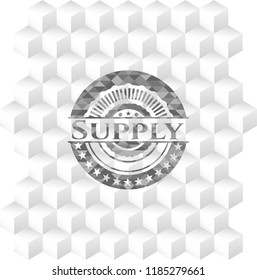 Supply retro style grey emblem with geometric cube white background