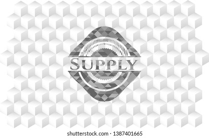 Supply retro style grey emblem with geometric cube white background
