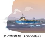 Supply ship against the shore in the evening. Generalize image. Hand drawn colored vector illustration.