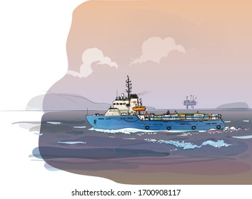 Supply ship against the shore in the evening. Generalize image. Hand drawn colored vector illustration.