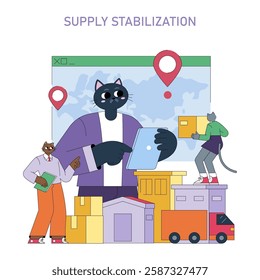 Supply stabilization is crucial for efficient logistics and inventory management. This illustration captures the essence of modern supply chain dynamics with anthropomorphic characters engaged in