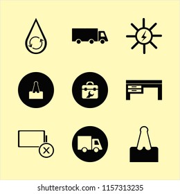 supply vector icons set. with desk, hydraulic energy, toolbox and paper clip in set