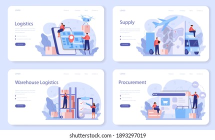 Supply web banner or landing page set. B2B idea, global logistic and transportation service. Company as a customer, business partnership. Cargo transportation technologies. Flat vector illustration