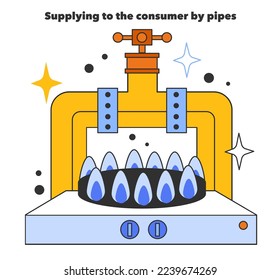 Supplying to the consumer by pipes. Liquefied natural gas logistics. Natural resource extraction industry. Fossil fuel and eco-friendly energy concept. Flat vector illustration