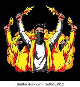 Suppoerter soccer fans group holding scarf and pyro
