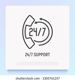 Support for 24 hour in day. Thin line icon: handset with arrows. Online assistance. Modern vector illustration.