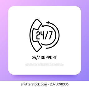 Support for 24 hour in day. Thin line icon: handset with arrows. Online assistance. Modern vector illustration.