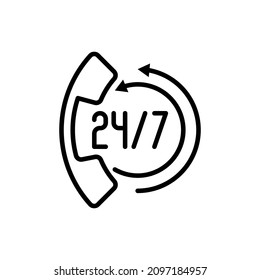 Support for 24 hour in day. Thin line icon: handset with arrows. Online assistance. Modern vector illustration.