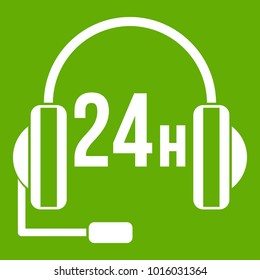 Support 24 hours icon white isolated on green background. Vector illustration