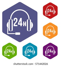 Support 24 hours icons set rhombus in different colors isolated on white background