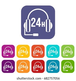 Support 24 hours icons set vector illustration in flat style in colors red, blue, green, and other