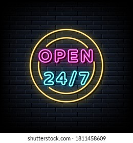 Support 24 hours neon sign, design element, light banner, announcement neon signboard.