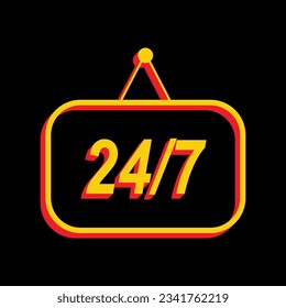 Support 24 hours sign. 3D Extruded Yellow Icon with Red Sides a Black background. Illustration.