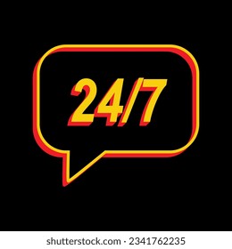 Support 24 hours sign. 3D Extruded Yellow Icon with Red Sides a Black background. Illustration.