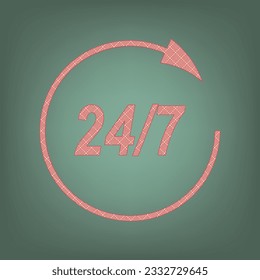 Support 24 hours sign. Apricot Icon with Brick Red parquet floor graphic pattern on a Ebony background. Feldgrau. Green. Illustration.