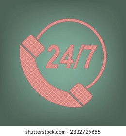 Support 24 hours sign. Apricot Icon with Brick Red parquet floor graphic pattern on a Ebony background. Feldgrau. Green. Illustration.