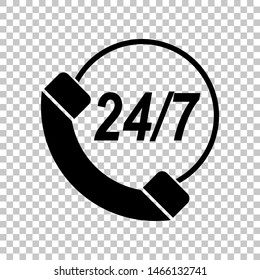 Support 24 hours sign. Black icon on transparent background. Illustration.