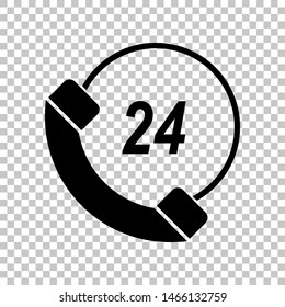 Support 24 hours sign. Black icon on transparent background. Illustration.