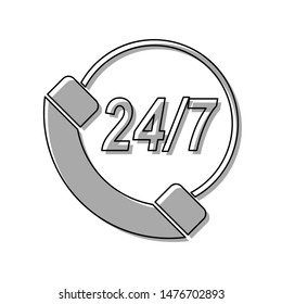 Support 24 hours sign. Black line icon with gray shifted flat filled icon on white background. Illustration.