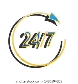 Support 24 hours sign. Blue icon with gold contour with dark gray shadow at white background. Illustration.