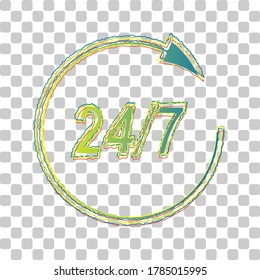 Support 24 hours sign. Blue to green gradient Icon with Four Roughen Contours on stylish transparent Background. Illustration.