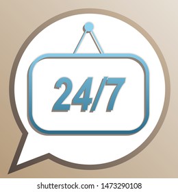 Support 24 hours sign. Bright cerulean icon in white speech balloon at pale taupe background. Illustration.