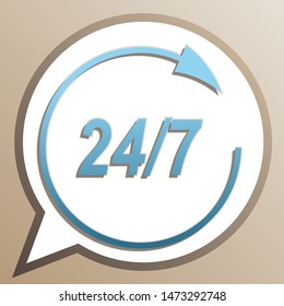 Support 24 hours sign. Bright cerulean icon in white speech balloon at pale taupe background. Illustration.
