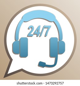 Support 24 hours sign. Bright cerulean icon in white speech balloon at pale taupe background. Illustration.