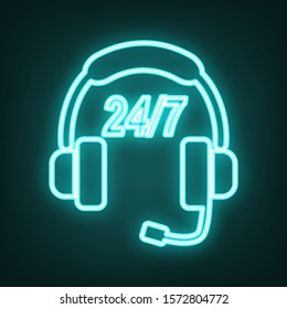 Support 24 hours sign. Cyan neon icon in the dark. Bluring. Luminescence. Illustration.