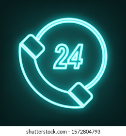 Support 24 hours sign. Cyan neon icon in the dark. Bluring. Luminescence. Illustration.