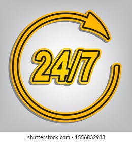 Support 24 hours sign. Flat orange icon with overlapping linear black icon with gray shadow at whitish background. Illustration.