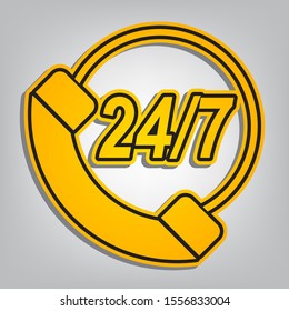 Support 24 hours sign. Flat orange icon with overlapping linear black icon with gray shadow at whitish background. Illustration.
