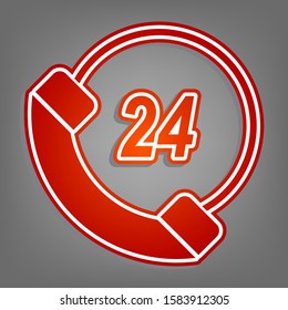Support 24 hours sign. Flat red icon with linear white icon with gray shadow at grayish background. Illustration.