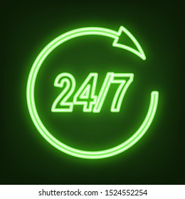 Support 24 hours sign. Green neon icon in the dark. Blurred lightening. Illustration.