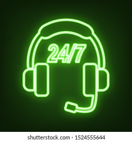 Support 24 hours sign. Green neon icon in the dark. Blurred lightening. Illustration.
