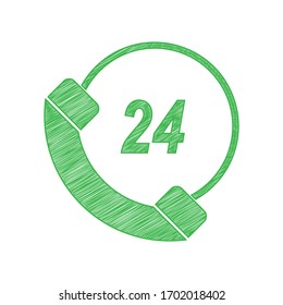 Support 24 hours sign. Green scribble Icon with solid contour on white background. Illustration.