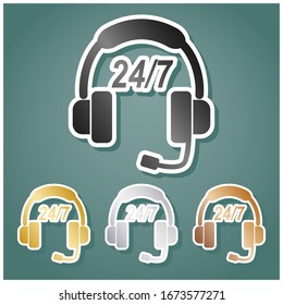 Support 24 hours sign. Set of metallic Icons with gray, gold, silver and bronze gradient with white contour and shadow at viridan background. Illustration.
