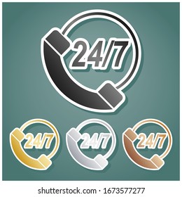 Support 24 hours sign. Set of metallic Icons with gray, gold, silver and bronze gradient with white contour and shadow at viridan background. Illustration.