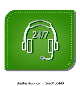 Support 24 hours sign. Silver gradient line icon with dark green shadow at ecological patched green leaf. Illustration.